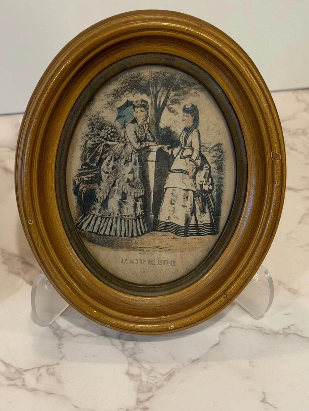 Antique French Fashion Prints in Oval Wood Frames La Mode Illustrée 6” Set of 2